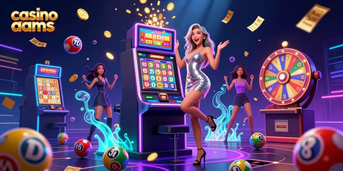 Vivi l'emozione nei casino non AAMS con giochi vivaci e premi attorno a un giocatore festoso.