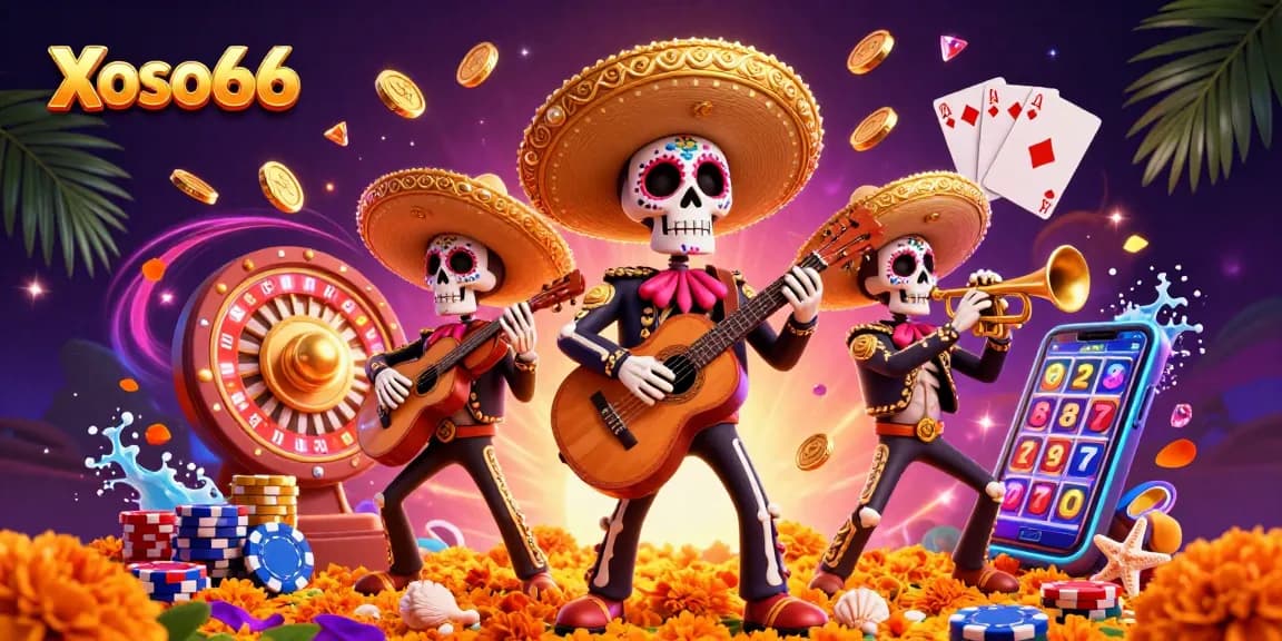 Xoso66 showcases lively cartoon mariachi skeletons celebrating with coins, roulette, and slots.