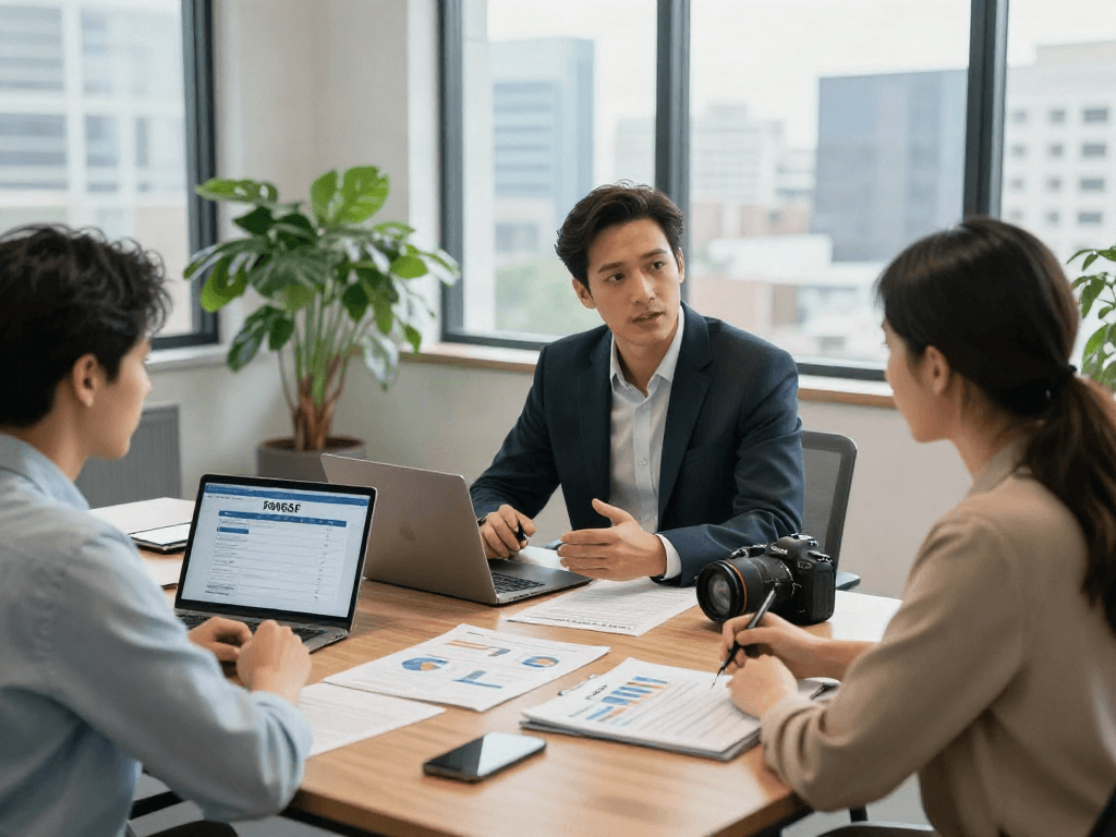 Couple consulting with a financial advisor on SMSF set up strategies in a modern office.