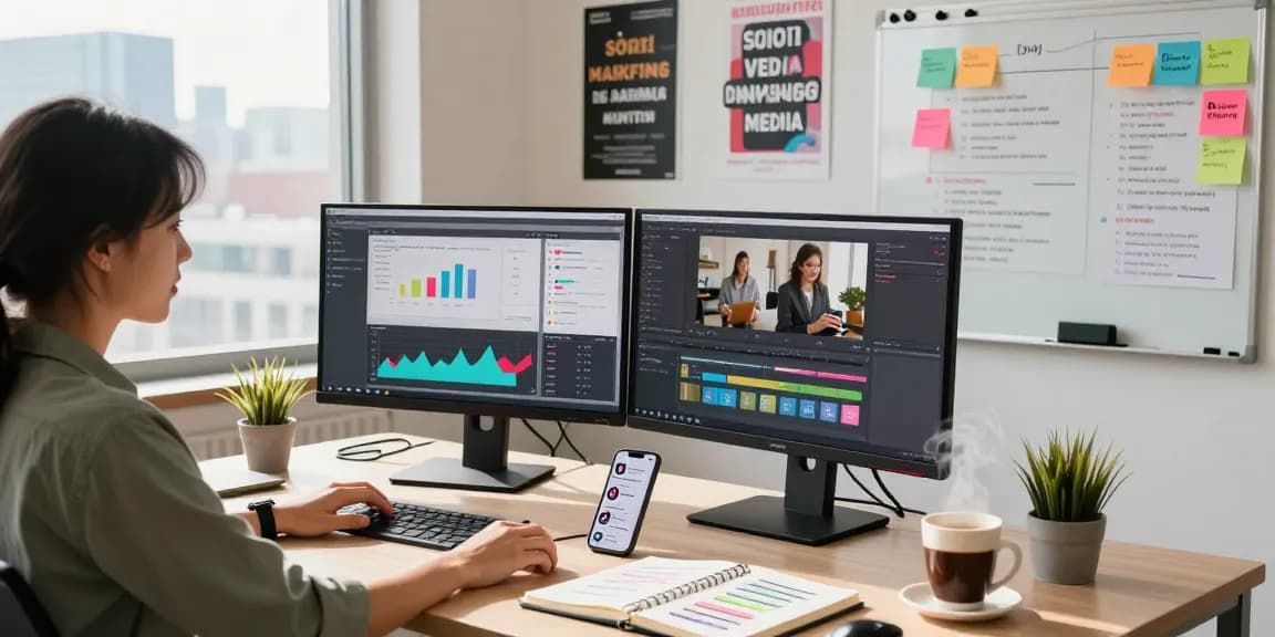 Engaging digital marketing scene illustrating the best website to buy TikTok Views with a manager analyzing TikTok strategy.