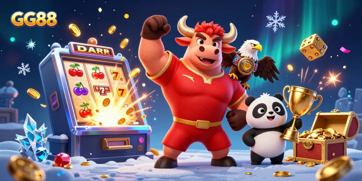 Experience the excitement of GG88 with a 3D bull, eagle, and panda in a vibrant casino setting.