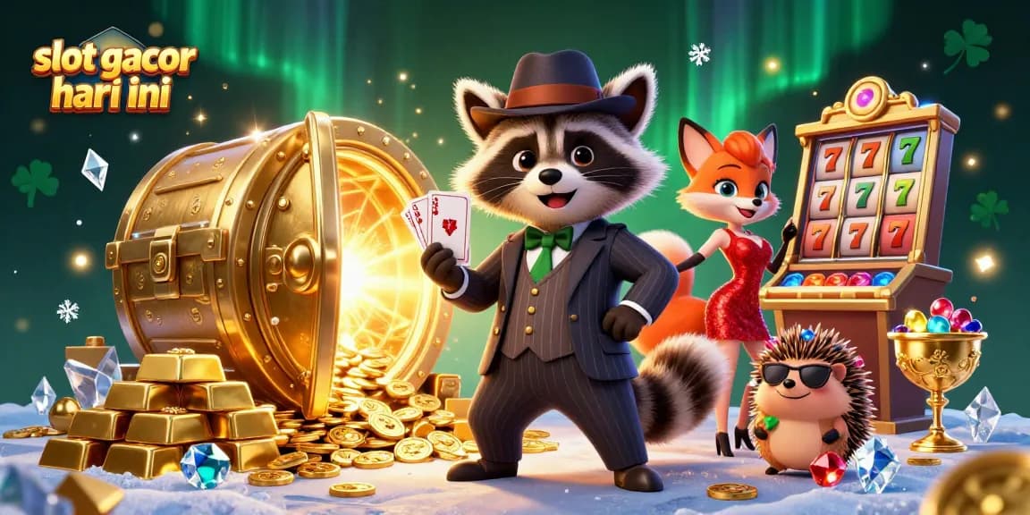 Experience thrilling slots with the raccoon and friends in this slot gacor hari ini illustration.