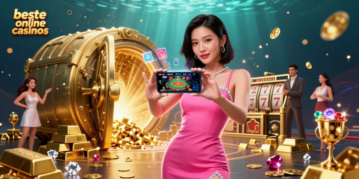 Experience the beste online casinos with a stunning woman showcasing live casino games, surrounded by treasures.