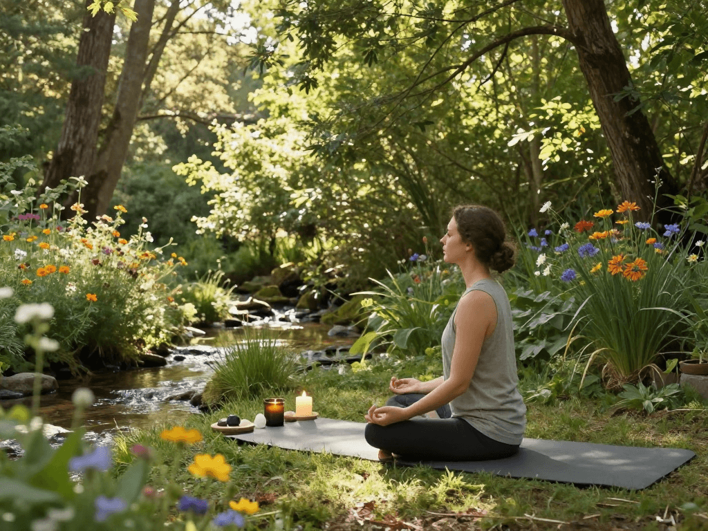 Practitioner meditating with mantra 88 in serene outdoor setting surrounded by nature.