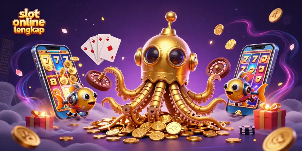 Engage with slot online lengkap through an exciting 3D illustration showcasing casino features.