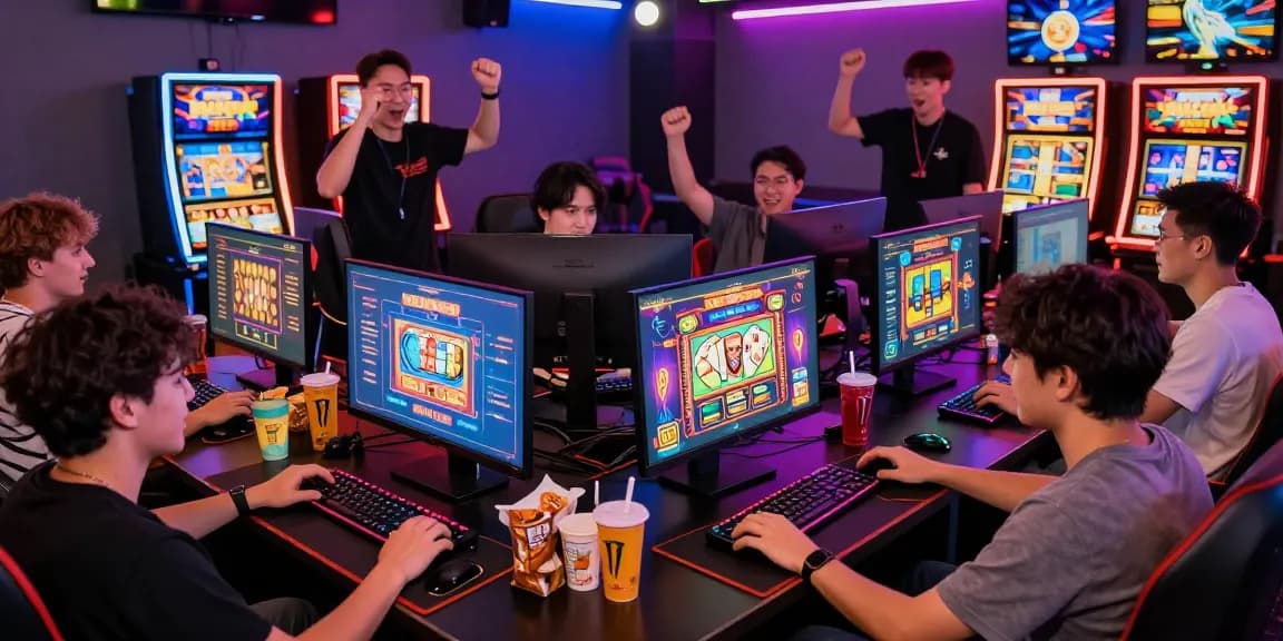 Excited players enjoying online games like 68gamebai in a vibrant gaming lounge with modern decor.