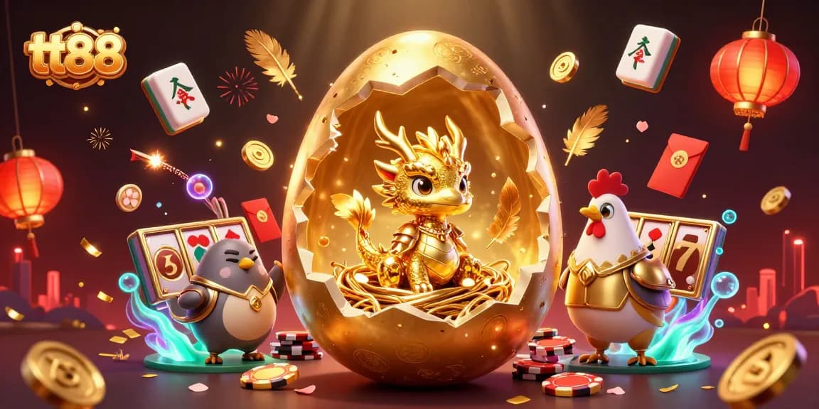 Engage with tt88's vibrant 3D casino world featuring a dragon and poker chips.