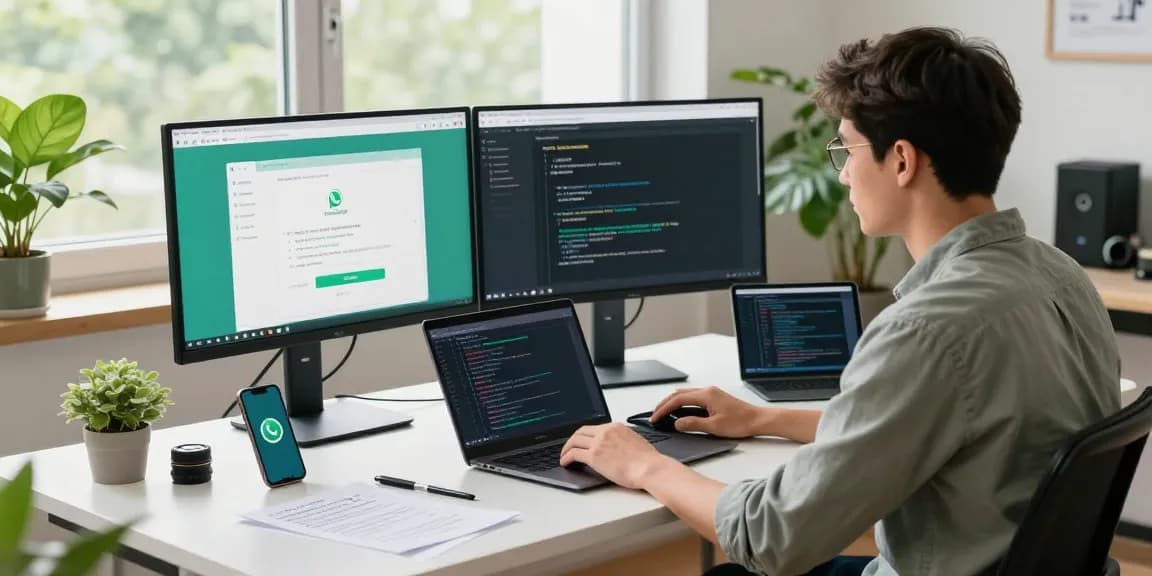 Developer using WhatsApp網頁版 on dual monitors in a bright tech workspace, showcasing productivity.