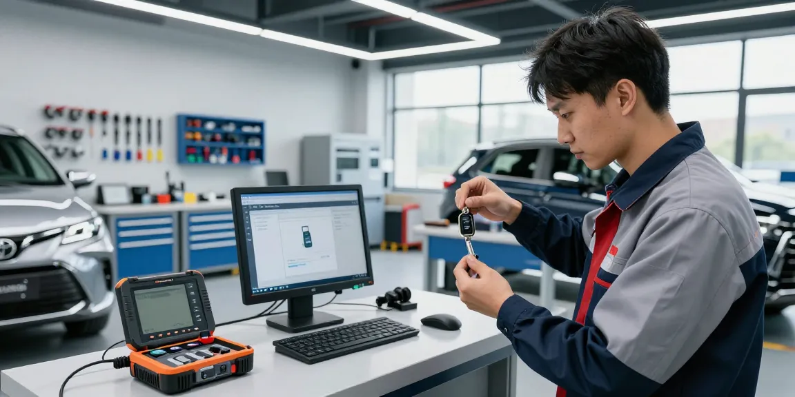 Toyota key being examined by an automotive technician in a modern workshop.
