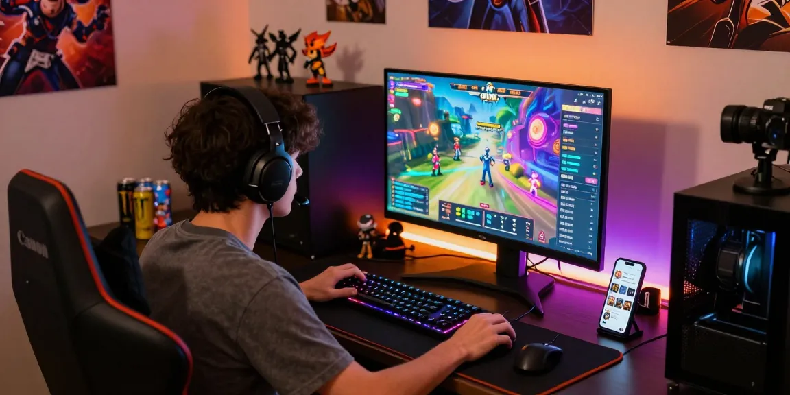 Pemain terjun4d fokus bermain di ruang gaming modern dengan monitor besar dan aksesori gaming menarik