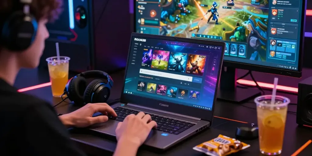 User accessing rokok88 link login on a gaming laptop amid an energized gaming setup.