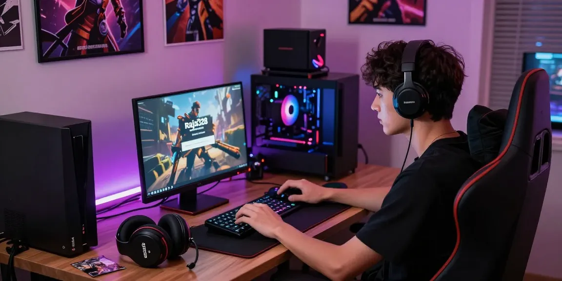 Engaging gamer focused on raja328 login interface in a vibrant gaming setup.