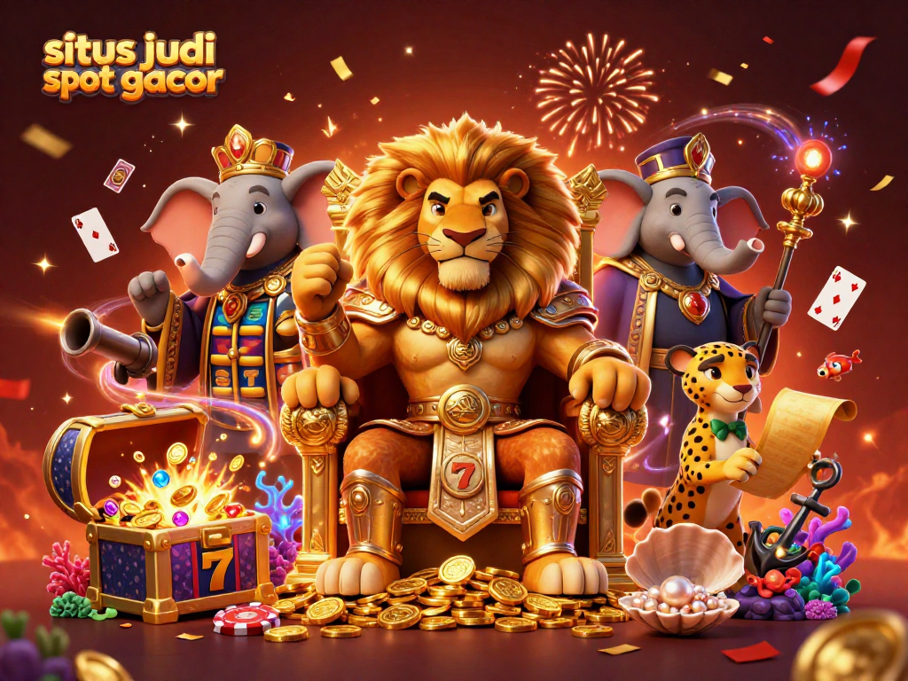 Menghadirkan suasana kemenangan di situs judi slot gacor dengan raja singa, gajah penasihat, dan cheetah kurir di latar menawan