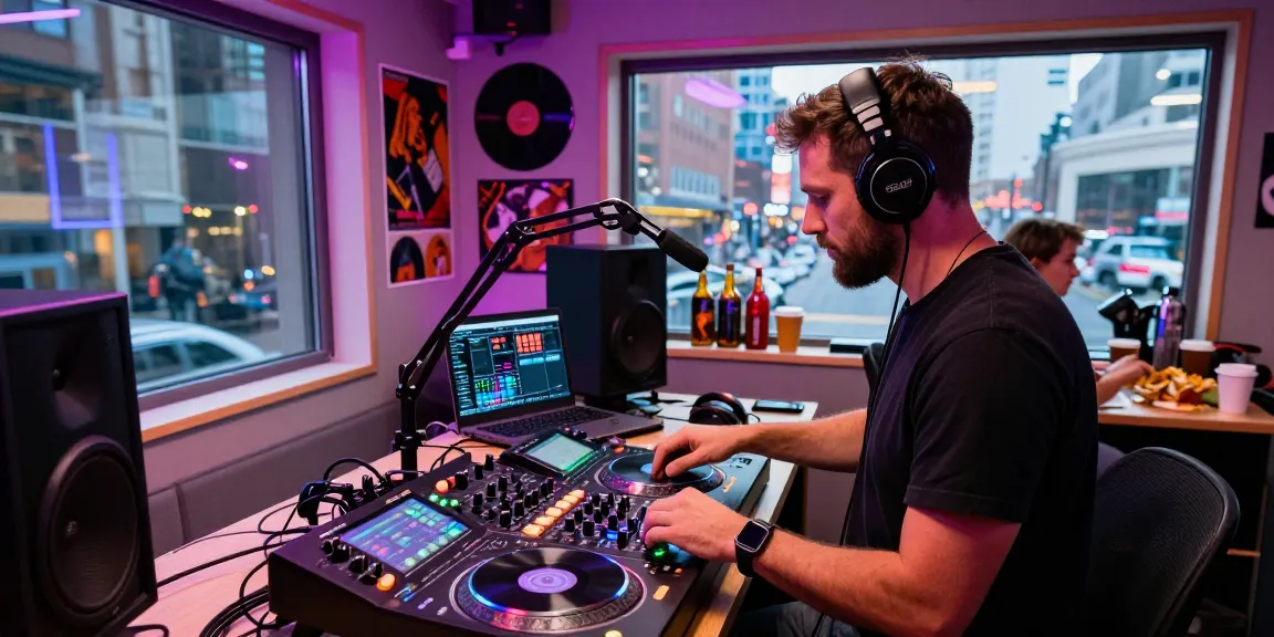 Dynamic DJ mixing tracks at vibrant internet radio station studio