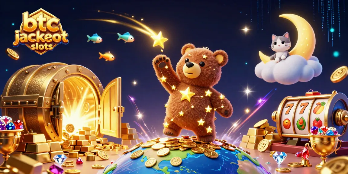 Experience exciting btc jackpot slots as a golden bear reaches for treasures in a vibrant casino scene.