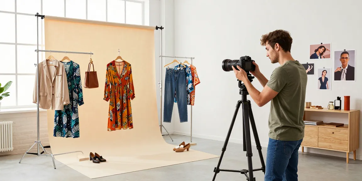 Photo ecommerce d'un photographe professionnel capturant des vêtements en studio avec un éclairage soigné.