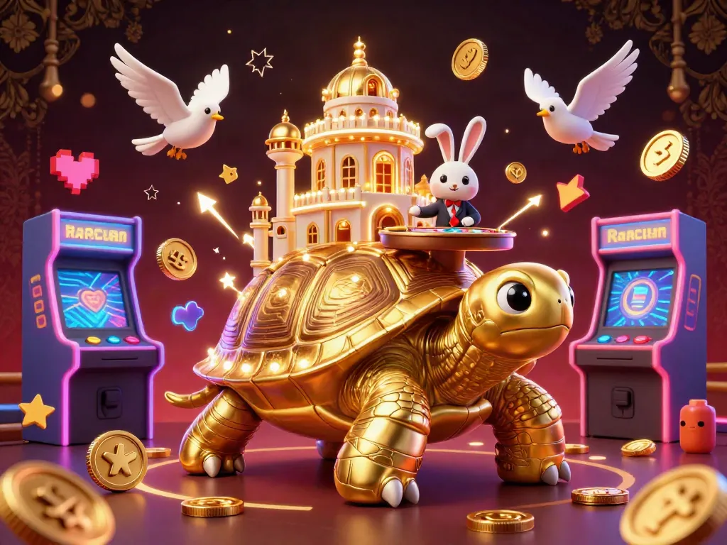 Experience thrilling gameplay with Rajacuan's vibrant casino world featuring a lively tortoise and rabbit dealer.