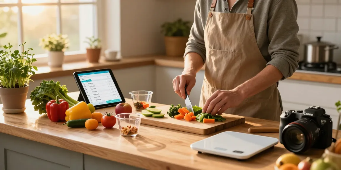 Home cook preparing healthy dishes with fresh ingredients using the best food tracker during golden hour in a warm kitchen.