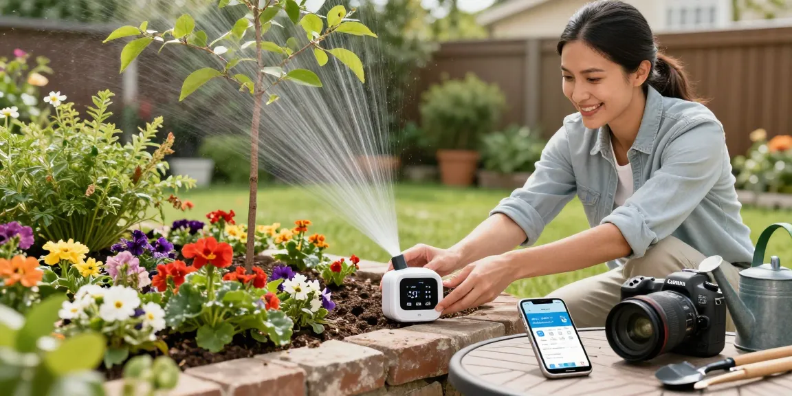 Homeowner using RainPoint water timer in a vibrant garden, showcasing easy watering with technology.