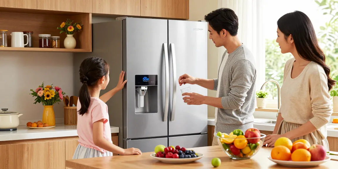 Family enjoying clean water from the Maxblue DA29-00020B Refrigerator Water Filter in a bright, modern kitchen.