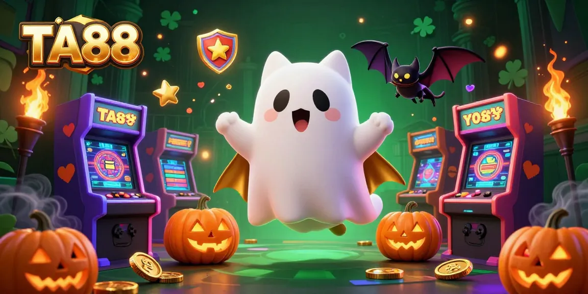 Engage with TA88 by winning in this vibrant casino scene with ghost cat and glowing game elements.
