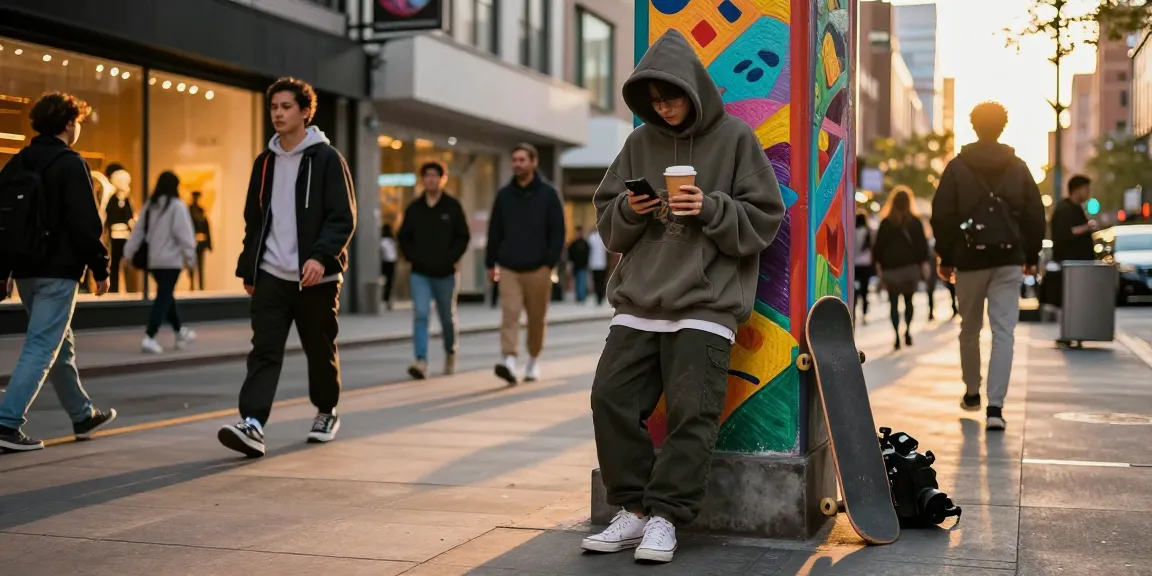Person in essentials hoodies enjoying urban street style in golden hour light.