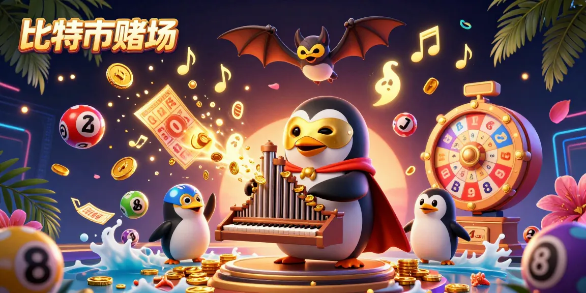 在比特幣賭場中,幻影歌劇企鵝演奏著金幣嘹亮的管風琴,背景中交織著豪華的遊戲元素。