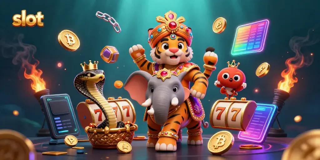 Spin the slot for big wins with a vibrant 3D cauldron of colorful casino elements.