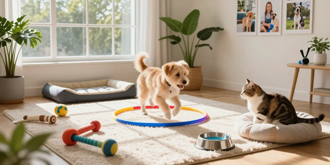 Playful dog in colorful pet area with NAGA2000 toys and cat watching