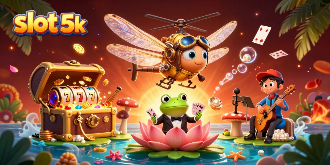 Experience the excitement of slot 5k with a vibrant 3D casino illustration featuring animated characters and game elements.