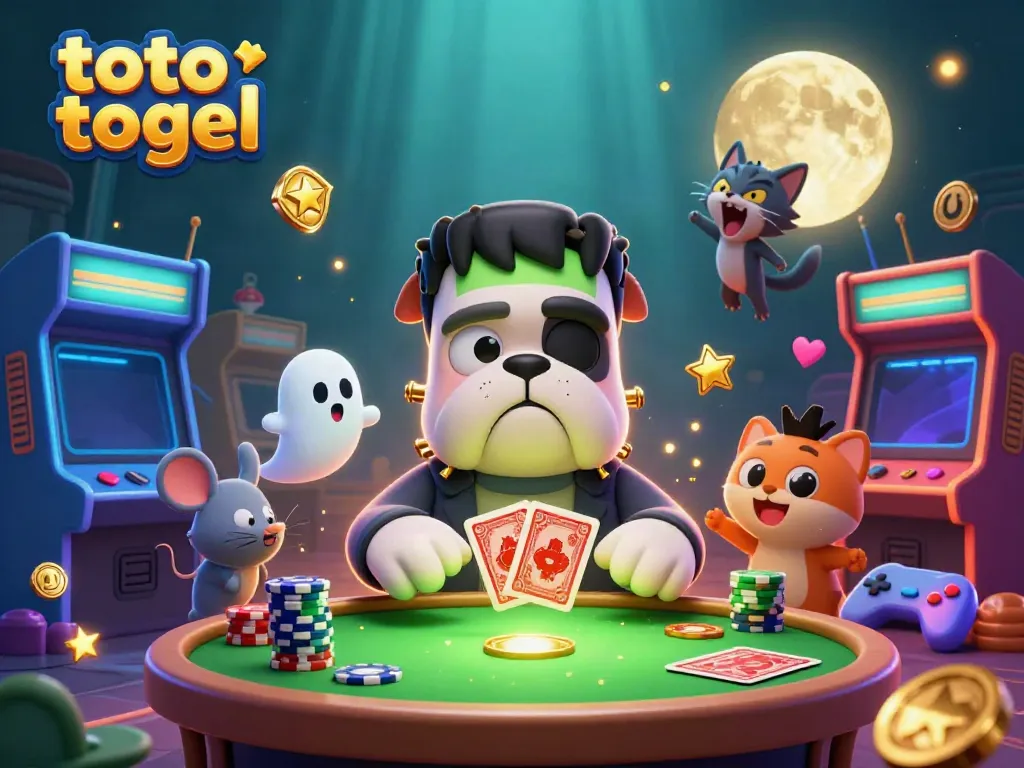 Engage with the thrilling world of toto togel as a Frankenstein bulldog deals cards in a vibrant, spooky casino setting.
