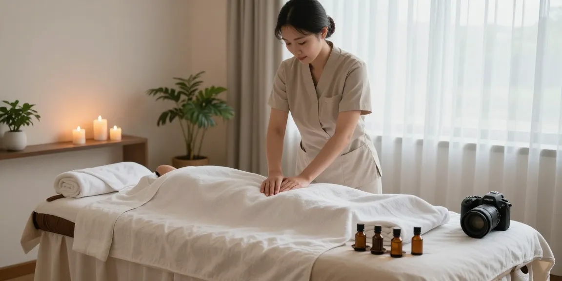 부천출장마사지 therapy in a calming home spa with aromatherapy, soft lighting, and a relaxing atmosphere.