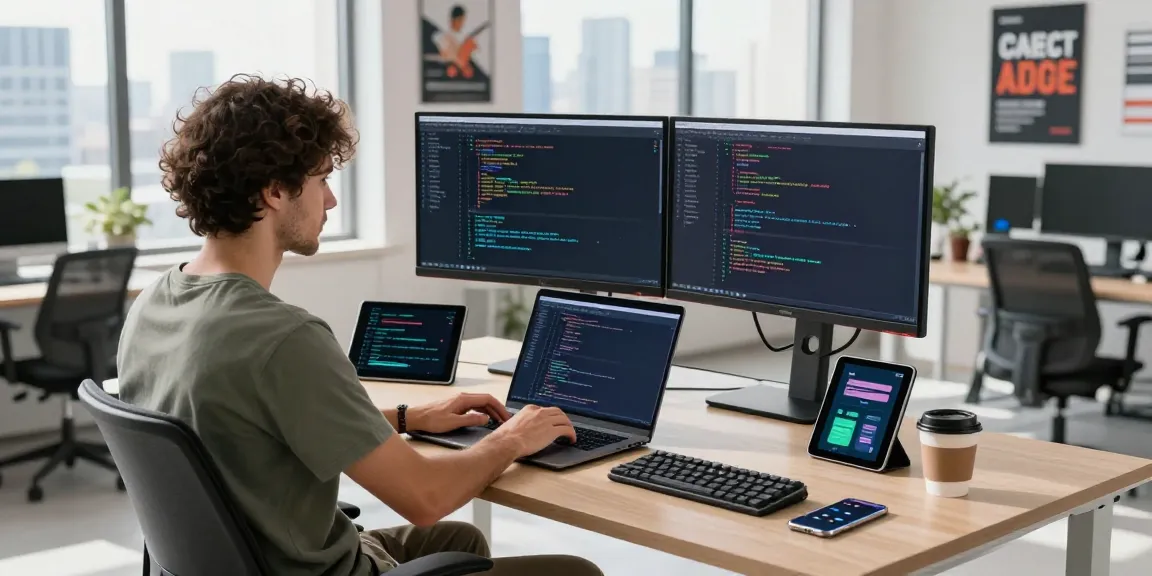 快连 software developer working in modern tech office with dual monitors.