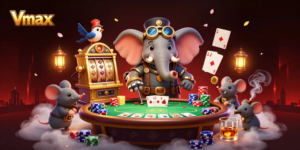 Spin the Vmax slot machine with steampunk characters in a vibrant casino scene filled with poker elements.
