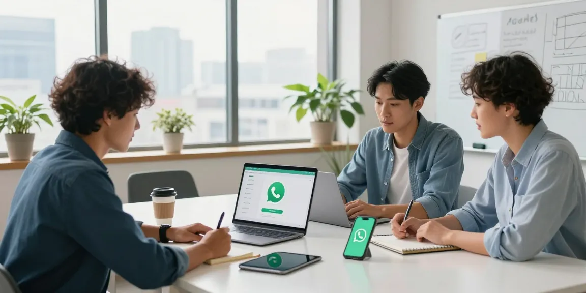 Team collaborating on WhatsApp網頁版 demonstration in a bright office setting, showcasing modern communication tools.