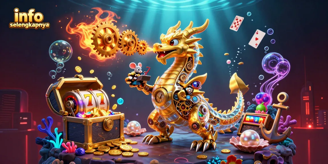 info selengkapnya menampilkan ilustrasi kasino 3D dengan naga emas dan elemen slot yang dinamis.