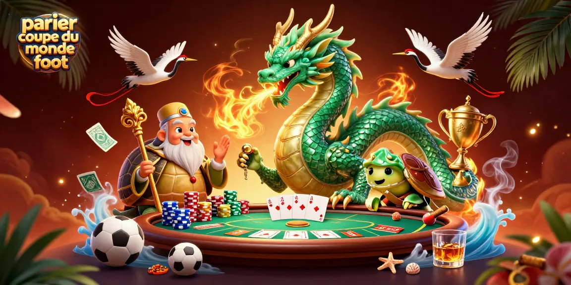 Parier coupe du monde foot avec un dragon de jade, un sage, et des éléments de paris sportifs.