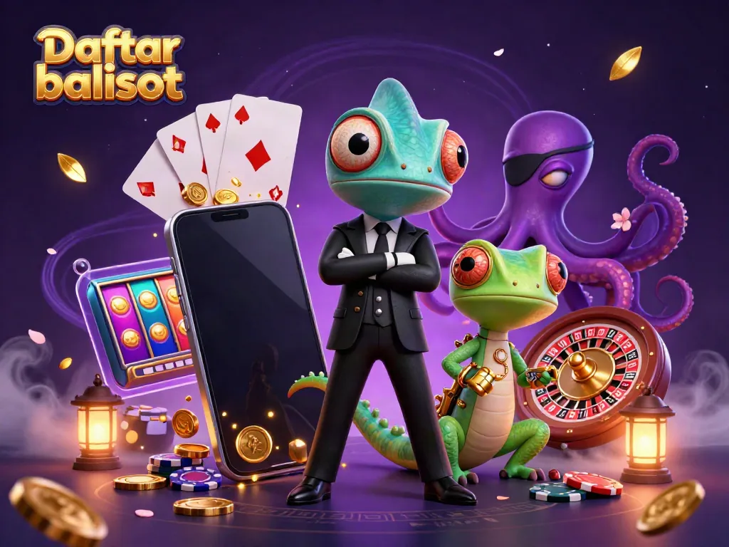 Engage with Daftar balisot through an exciting 3D illustration showcasing vibrant casino elements and lively characters.