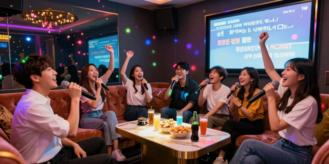 Fun group enjoying 강남가라오케 experience in vibrant karaoke room with colorful lights