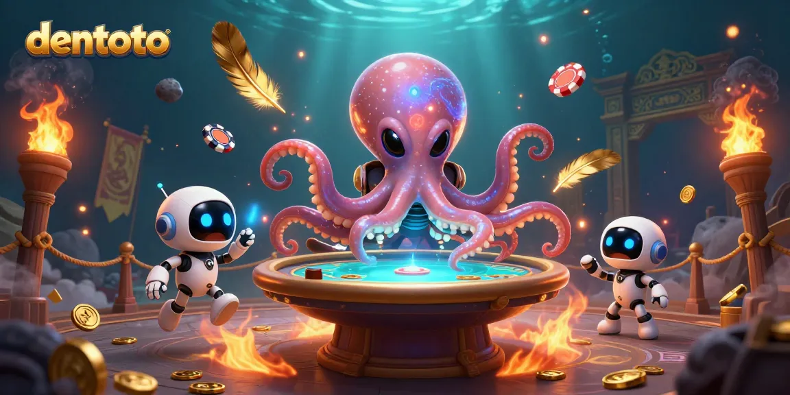 Experience exciting gameplay at dentoto with an alien octopus dealing cards and chips in this vibrant casino scene.