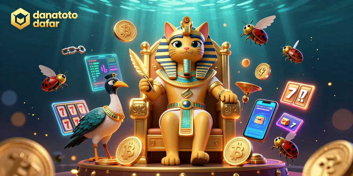 Join the fun with danatoto daftar as the Egyptian pharaoh cat reigns over a vibrant casino scene featuring slot reels and crypto coins.