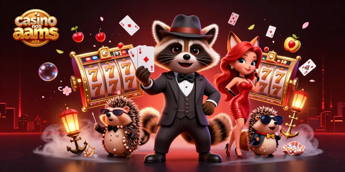 Vivi un'azione emozionante nei casinò non AAMS con un procione che tiene un poker reale circondato da giochi vivaci.