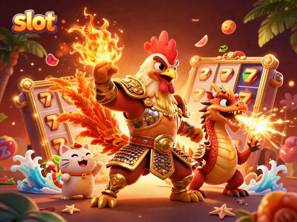 Experience thrilling slots with a powerful rooster warrior and a fierce dragon in an engaging 3D illustration.