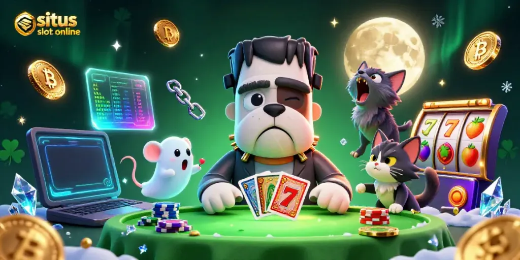 Engage with situs slot online featuring a lively casino scene with unique characters vibrant slot elements.