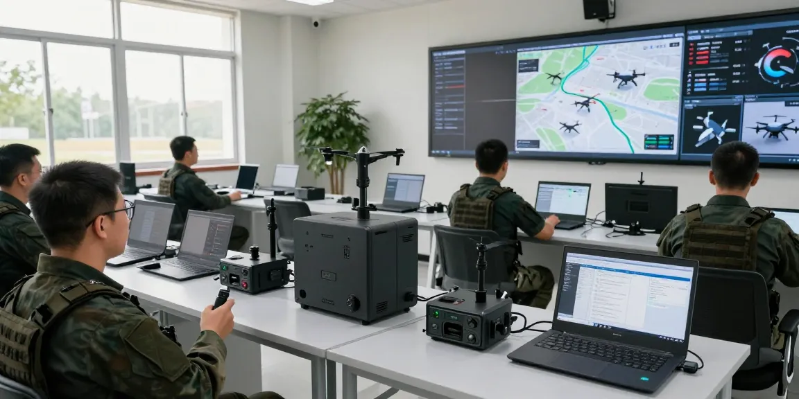 Anti drone jammer systems deployed in a military facility monitoring drone activity with advanced detection equipment.