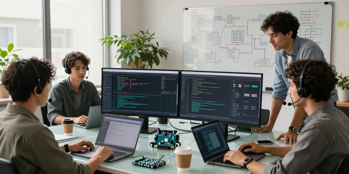 Dynamic software team collaborating on Kinetiq project in modern workspace.