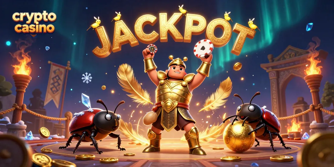 Jouer au crypto casino avec des gains éblouissants : escouade de coccinelles en armure célébrant un jackpot avec des éléments de jeu.