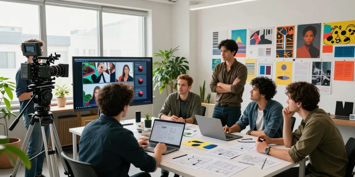 A creative team at a video production company collaborating on innovative storytelling projects in a vibrant studio environment.