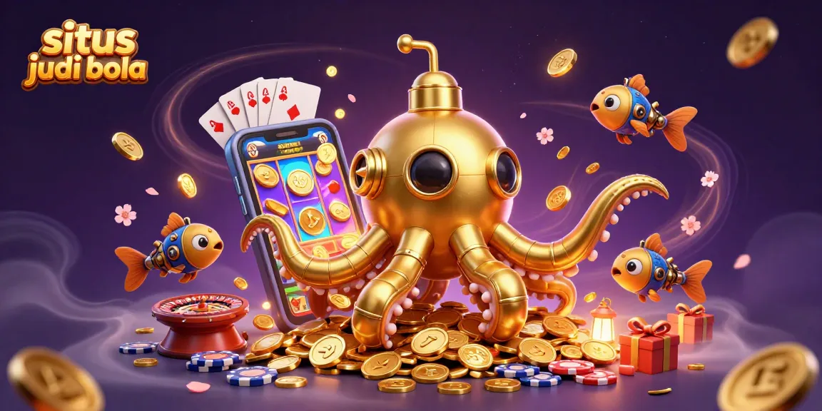 Engage with situs judi bola in an immersive 3D underwater scene filled with gold coins and vibrant casino elements.