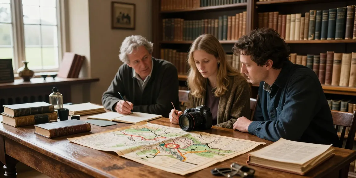 Explorers at https://tyntescastle.com delving into history with artifacts and maps in a cozy library setting.
